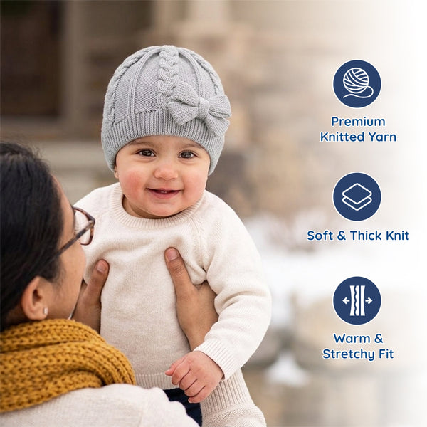 Baby Woolen Cap with Fur Lining, Cable Knit Bow Design Warm Knitted Winter Beanie for Girls & Boys (1-3 Years)