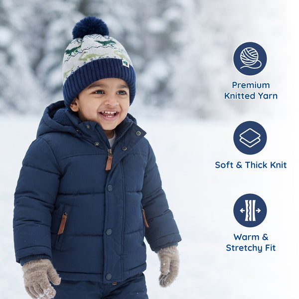 Kids Woolen Cap with Dinosaur Pattern and Soft Pom Pom, Warm Winter Beanie with Folded Cuff for Boys & Girls (3-6 Years)