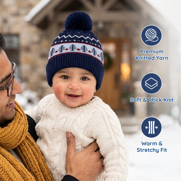 Baby Woolen Cap with Fur Lining, Christmas Tree Design Warm Knitted Pom Pom Winter Beanie for Boys & Girls (1-3 Years)