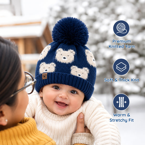 Baby Woolen Cap with Fur Lining, Teddy Bear Design Warm Knitted Pom Pom Winter Beanie for Boys & Girls (3-6 Years)