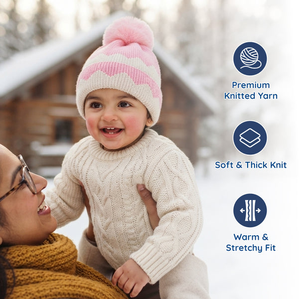 Baby Woolen Cap with Fur Lining, Zigzag Design Warm Knitted Faux Fur Pom Pom Winter Beanie for Boys & Girls (2-4 Years)