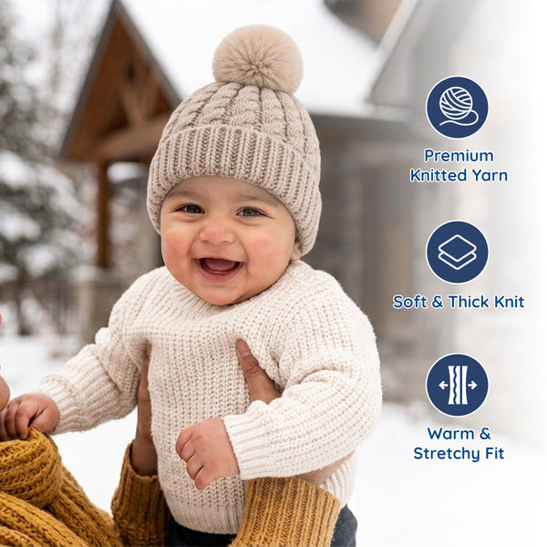 Baby Woolen Cap with Fur Lining, Cable Knit Design Warm Knitted Pom Pom Winter Beanie for Boys & Girls (0-1 Years)