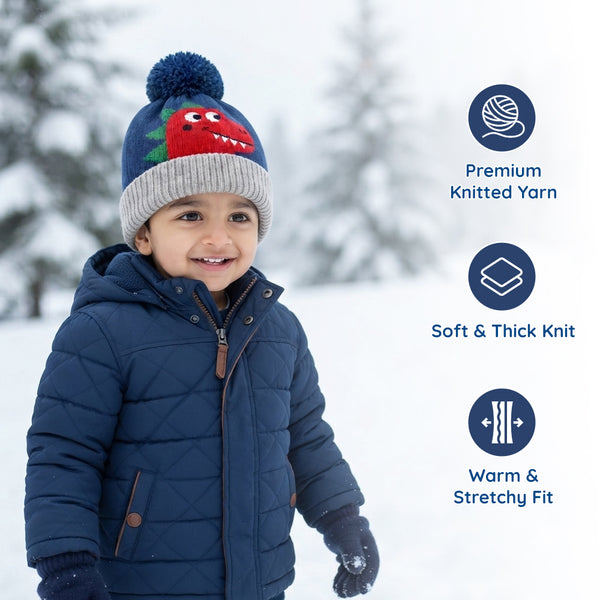 Baby Woolen Cap with Fur Lining, Cute Dinosaur Face Design Warm Knitted Pom Pom Winter Beanie for Boys & Girls (2-4 Years)