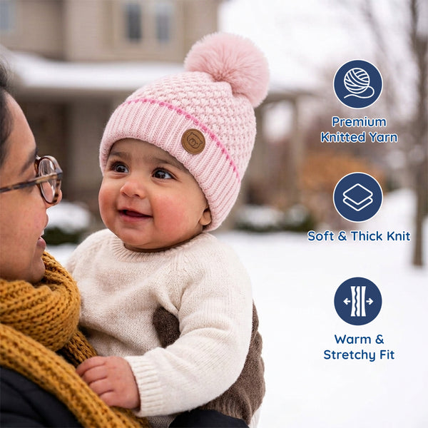 Baby Woolen Cap with Fur Lining, Textured Knit Design Warm Knitted Pom Pom Winter Beanie for Boys & Girls (1-3 Years)