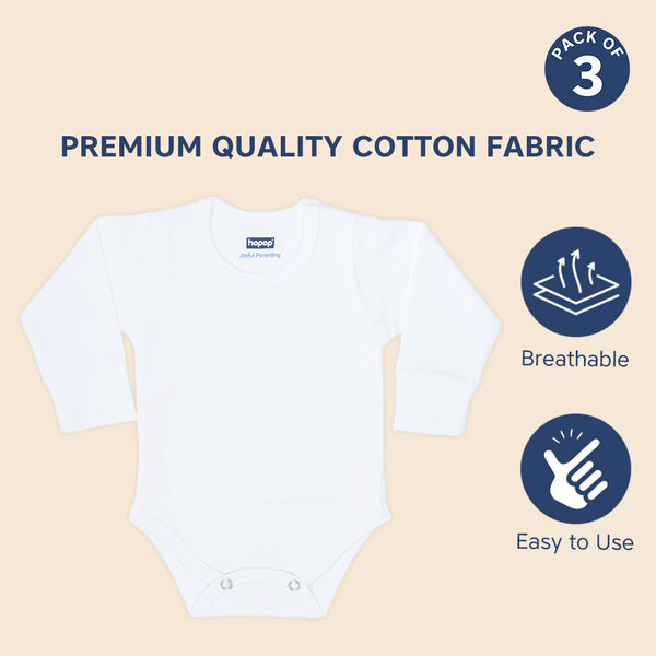 Hopop Baby Cotton Round Neck Full Sleeve Romper Pack of 3 - White