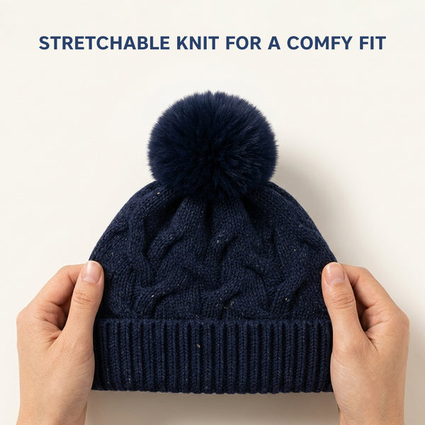 Kids Woolen Cap with Textured Pattern and Soft Pom Pom, Warm Winter Beanie with Folded Cuff for Boys & Girls (3-6 Years)