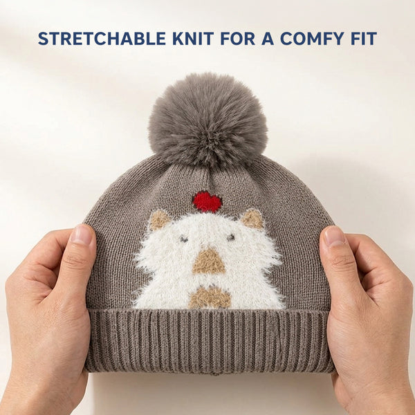 Kids Woolen Cap with Cute Bear Design, Warm Winter Beanie with Soft Pom Pom and Ribbed Folded Cuff for Boys & Girls (3-6 Years)