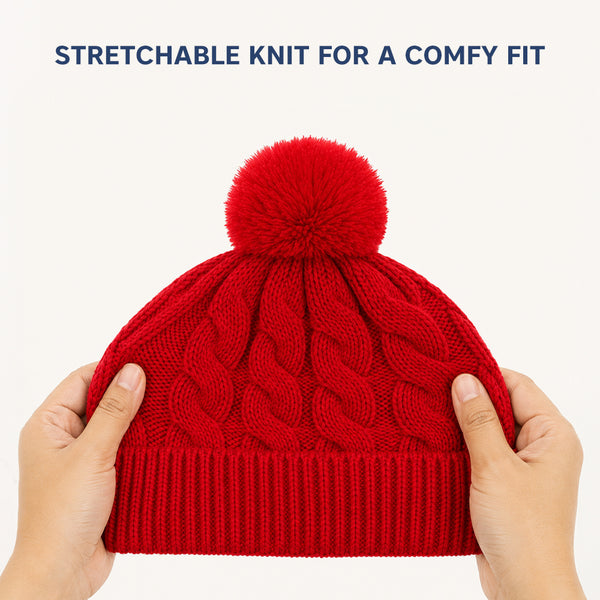 Baby Woolen Cap with Fur Lining, Cable Knit Design Warm Knitted Pom Pom Winter Beanie for Boys & Girls (1-3 Years)