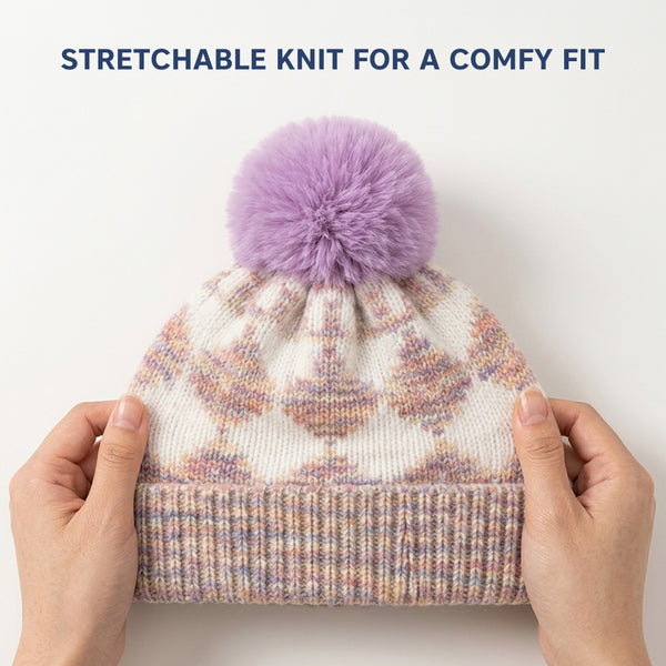Kids Woolen Cap with Geometric Pattern and Soft Pom Pom, Warm Winter Beanie with Ribbed Folded Cuff for Boys & Girls (3-6 Years)
