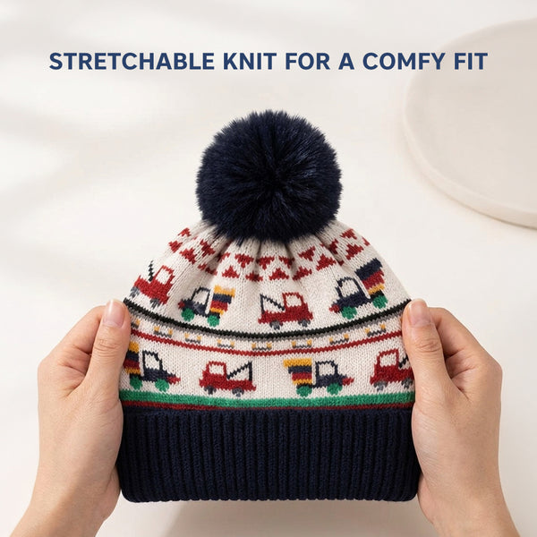 Baby Woolen Cap with Fur Lining, Truck Design Warm Knitted Faux Fur Pom Pom Winter Beanie for Boys & Girls (3-6 Years)