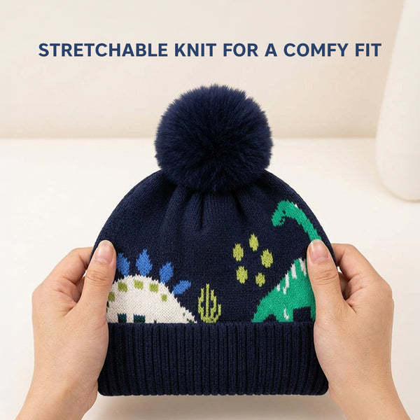Kids Woolen Cap with Fur Lining, Dinosaur Design Warm Knitted Faux Fur Pom Pom Winter Beanie for Boys & Girls (3-6 Years)