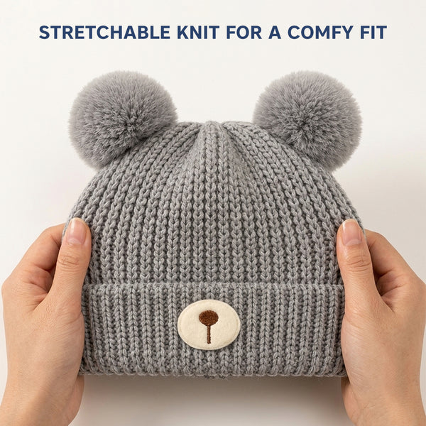 Kids Woolen Cap with Fur Lining, Bear Ears Design Warm Chunky Knit Double Pom Pom Winter Beanie for Boys & Girls (3-6 Years)