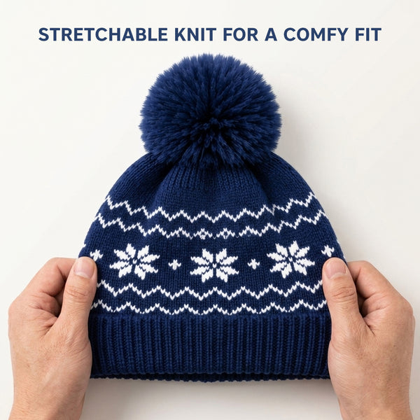 Baby Woolen Cap with Fur Lining, Snowflake Design Warm Knitted Pom Pom Winter Beanie for Boys & Girls (2-4 Years)