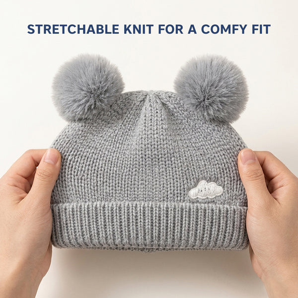 Baby Woolen Cap with Fur Lining, Zigzag Design Warm Knitted Faux Fur Pom Pom Winter Beanie for Boys & Girls (1-3 Years)