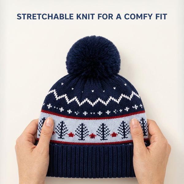 Baby Woolen Cap with Fur Lining, Christmas Tree Design Warm Knitted Pom Pom Winter Beanie for Boys & Girls (1-3 Years)