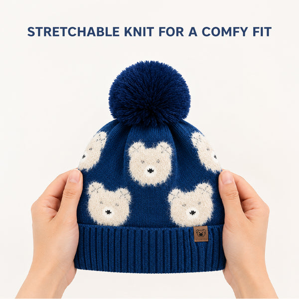 Baby Woolen Cap with Fur Lining, Teddy Bear Design Warm Knitted Pom Pom Winter Beanie for Boys & Girls (3-6 Years)