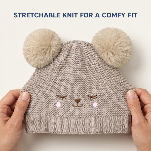 Kids Woolen Cap with Cute Bear Face, Warm Winter Beanie with Double Pom Poms and Ribbed Folded Cuff for Girls (2–4 Years)