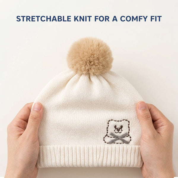 Baby Woolen Cap with Fur Lining, Embroidered Teddy Bear Design Warm Knitted Winter Beanie for Boys & Girls (2-4 Years)