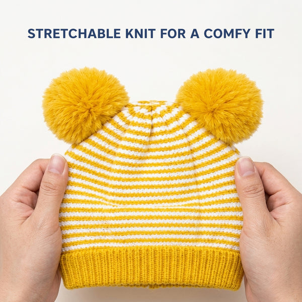 Kids Woolen Cap with Fur Lining, Striped Design Warm Knitted Double Pom Pom Winter Beanie for Boys & Girls (3-6 Years)