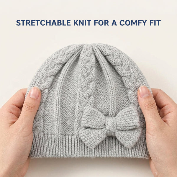 Baby Woolen Cap with Fur Lining, Cable Knit Bow Design Warm Knitted Winter Beanie for Girls & Boys (1-3 Years)
