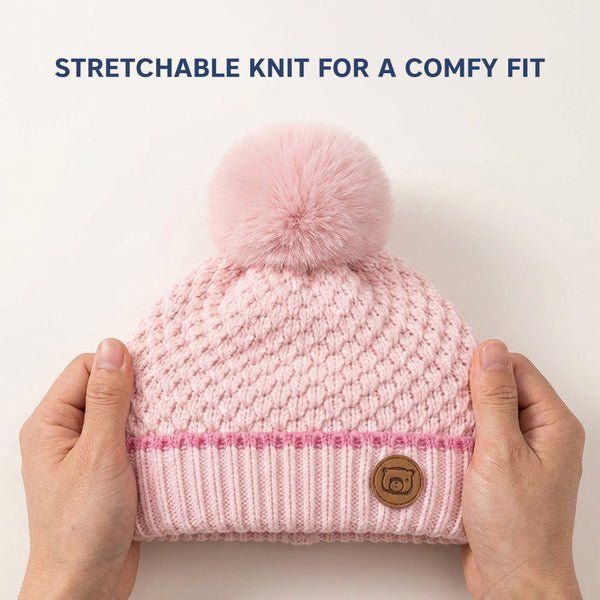 Baby Woolen Cap with Fur Lining, Textured Knit Design Warm Knitted Pom Pom Winter Beanie for Boys & Girls (1-3 Years)