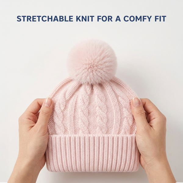 Baby Woolen Cap with Fur Lining, Cable Knit Design Warm Knitted Faux Fur Pom Pom Winter Beanie for Boys & Girls (1-3 Years)