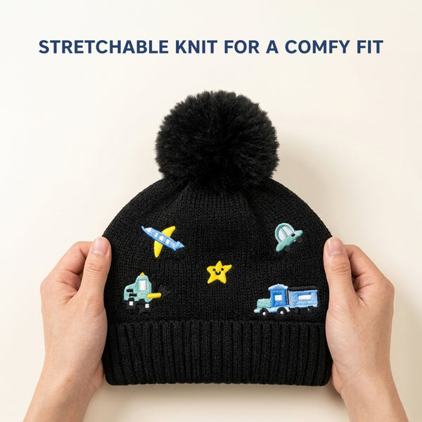Kids Woolen Cap with Cute Vehicle Embroidery, Warm Winter Beanie with Soft Pom Pom and Ribbed Folded Cuff for Boys & Girls (3-6 Years)