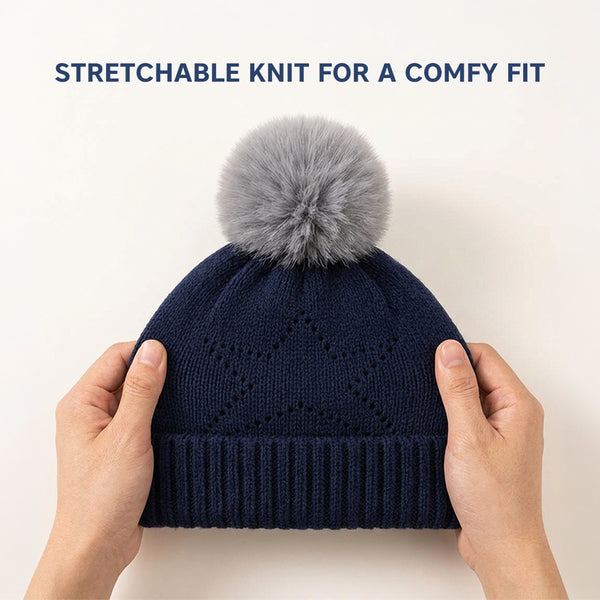 Baby Woolen Cap with Fur Lining, Star Design Warm Knitted Pom Pom Winter Beanie for Boys & Girls (1-3 Years)