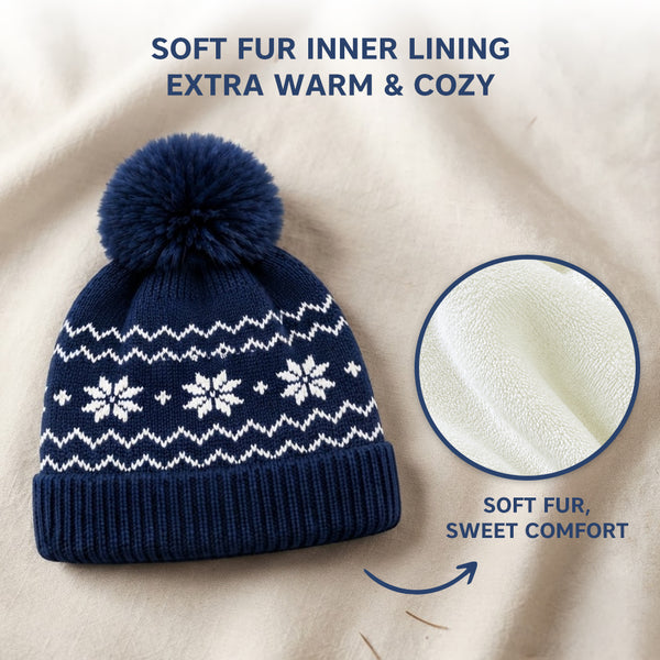 Baby Woolen Cap with Fur Lining, Snowflake Design Warm Knitted Pom Pom Winter Beanie for Boys & Girls (2-4 Years)