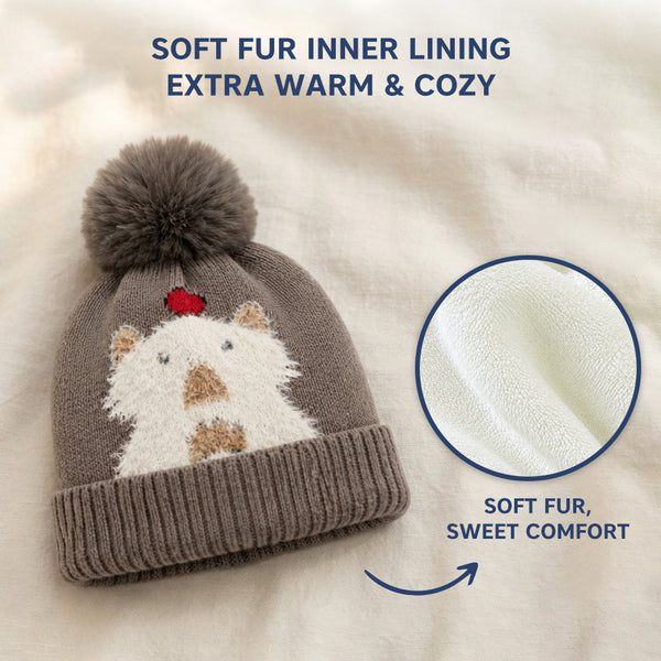 Kids Woolen Cap with Cute Bear Design, Warm Winter Beanie with Soft Pom Pom and Ribbed Folded Cuff for Boys & Girls (3-6 Years)