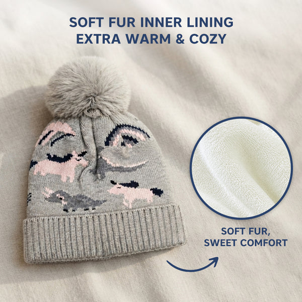 Kids Woolen Cap with Cute Dinosaur Print, Warm Winter Beanie with Soft Pom Pom and Ribbed Folded Cuff for Girls (3–6 Years)