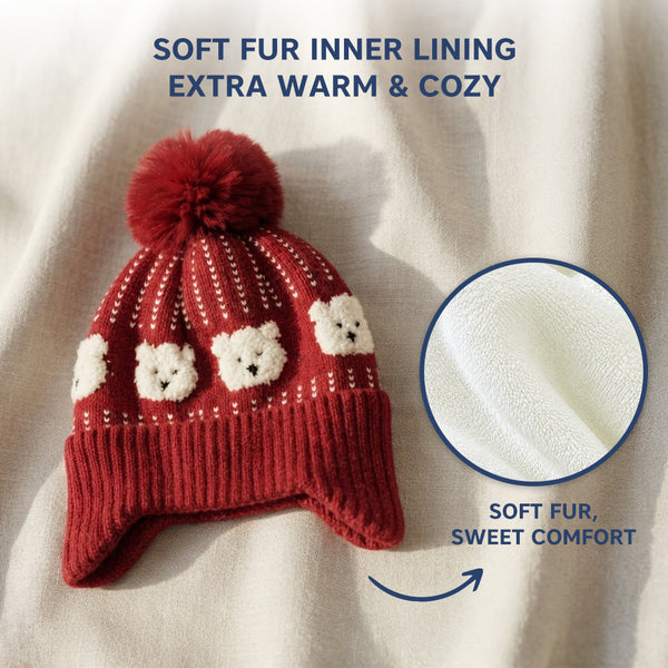 Kids Woolen Cap with Cute Bear Pattern, Warm Winter Beanie with Earflap Design, Soft Pom Pom and Ribbed Cuff for Boys & Girls (3-6 Years)