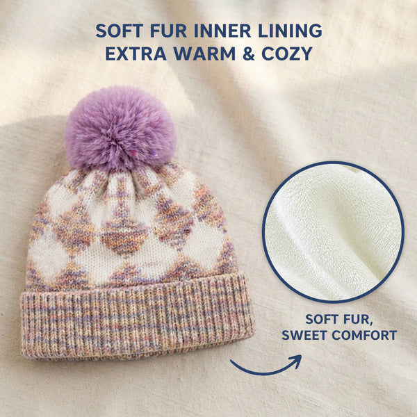 Kids Woolen Cap with Geometric Pattern and Soft Pom Pom, Warm Winter Beanie with Ribbed Folded Cuff for Boys & Girls (3-6 Years)