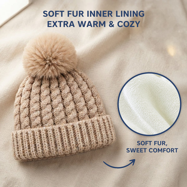 Baby Woolen Cap with Fur Lining, Cable Knit Design Warm Knitted Pom Pom Winter Beanie for Boys & Girls (0-1 Years)