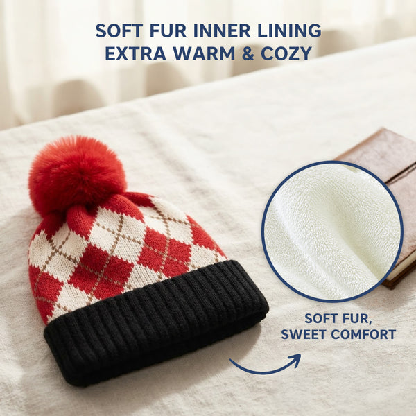 Kids Woolen Cap with Fur Lining, Argyle Design Warm Knitted Faux Fur Pom Pom Winter Beanie for Boys & Girls (3-6 Years)