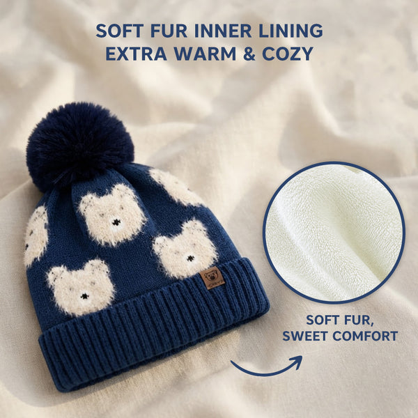 Baby Woolen Cap with Fur Lining, Teddy Bear Design Warm Knitted Pom Pom Winter Beanie for Boys & Girls (3-6 Years)