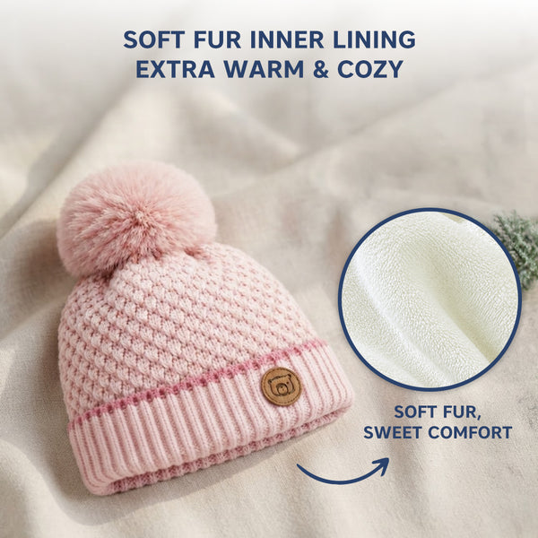Baby Woolen Cap with Fur Lining, Textured Knit Design Warm Knitted Pom Pom Winter Beanie for Boys & Girls (1-3 Years)