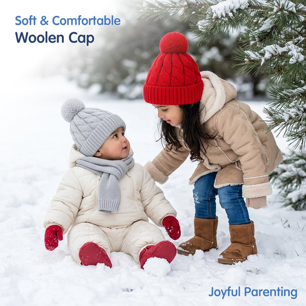 Baby Woolen Cap with Fur Lining, Cable Knit Design Warm Knitted Pom Pom Winter Beanie for Boys & Girls (1-3 Years)