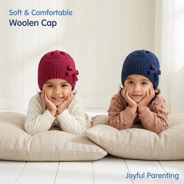Baby Woolen Cap with Fur Lining, Bow Design Warm Knitted Winter Beanie for Boys & Girls (3-6 Years)