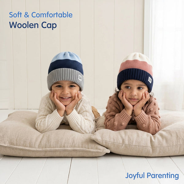 Baby Woolen Cap with Fur Lining, Colour Block Design Warm Knitted Winter Beanie for Boys & Girls (2-4 Years)