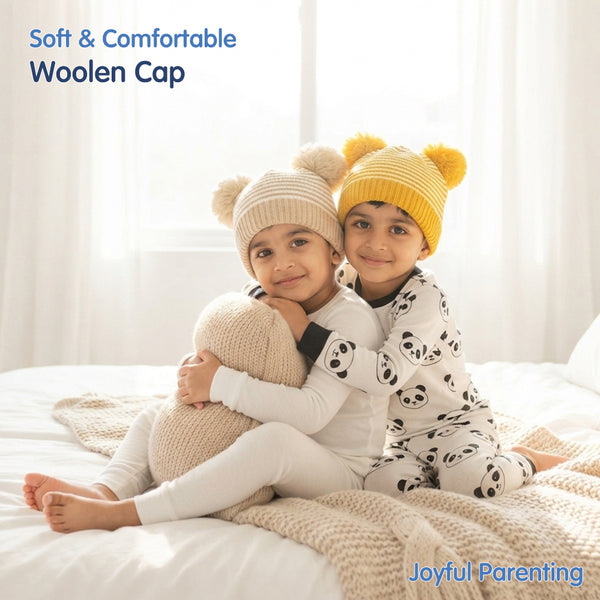 Kids Woolen Cap with Fur Lining, Striped Design Warm Knitted Double Pom Pom Winter Beanie for Boys & Girls (3-6 Years)