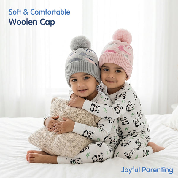 Kids Woolen Cap with Cute Dinosaur Print, Warm Winter Beanie with Soft Pom Pom and Ribbed Folded Cuff for Girls (3–6 Years)