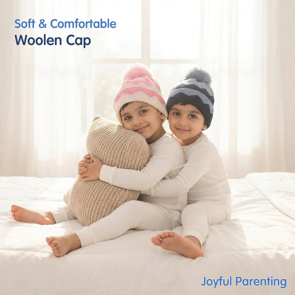 Baby Woolen Cap with Fur Lining, Zigzag Design Warm Knitted Faux Fur Pom Pom Winter Beanie for Boys & Girls (2-4 Years)