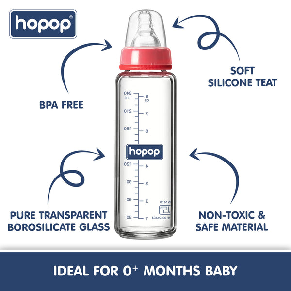 Premium Slim Neck Glass Feeding Bottle, 250ml - hopop.in