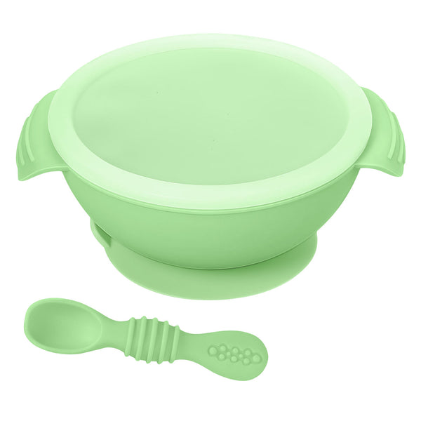 Baby silicone bowl and spoon set with snap-on lid