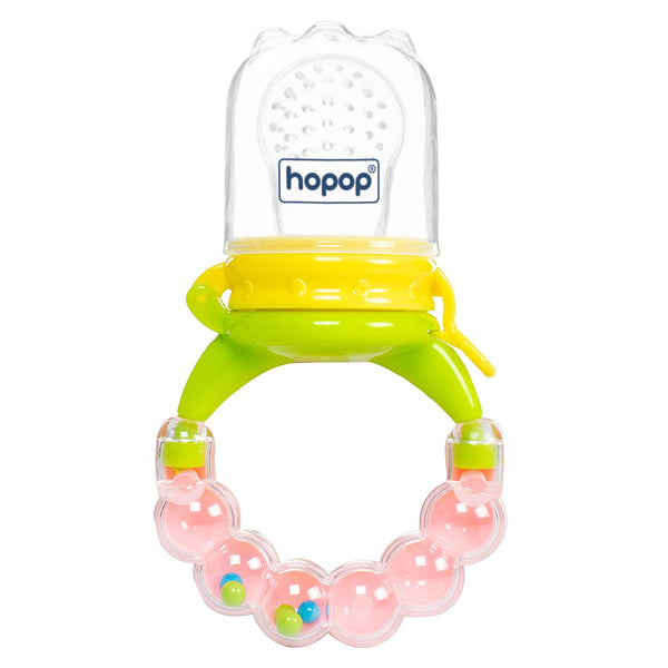 Hopop Baby Food & Fruit Nibbler with Rattle Handle, BPA-Free Mesh Feeder - Yellow