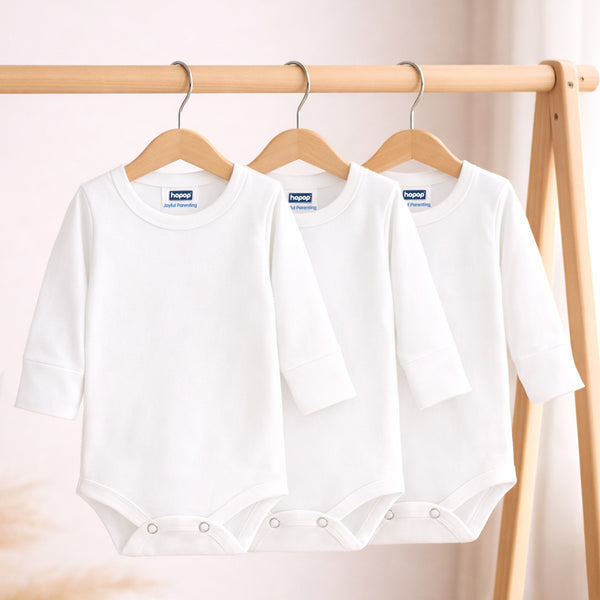 Hopop Baby Cotton Round Neck Full Sleeve Romper Pack of 3 - White
