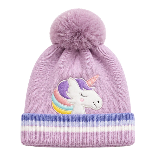 Kids Woolen Cap with Cute Unicorn Embroidery, Warm Winter Beanie with Soft Pom Pom and Folded Cuff for Boys & Girls (2-4 Years)