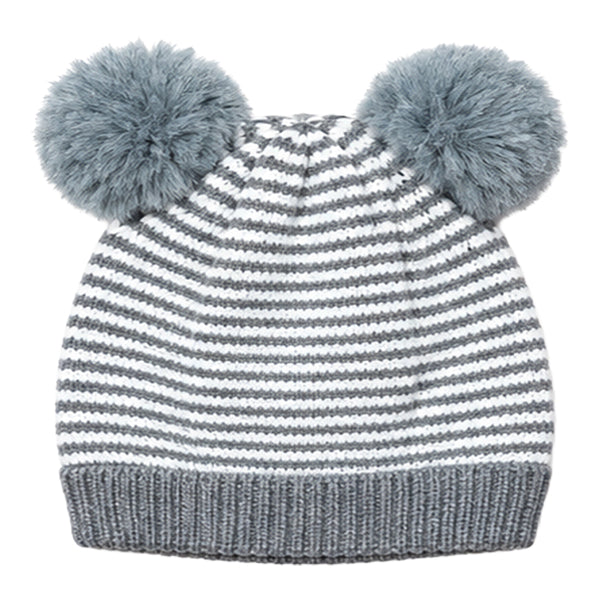 Kids Woolen Cap with Fur Lining, Striped Design Warm Knitted Double Pom Pom Winter Beanie for Boys & Girls (3-6 Years)