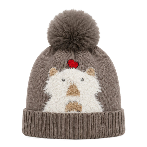 Kids Woolen Cap with Cute Bear Design, Warm Winter Beanie with Soft Pom Pom and Ribbed Folded Cuff for Boys & Girls (3-6 Years)